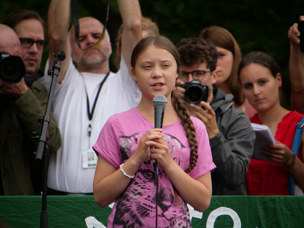 Environmental activist Greta Thunberg giving a speech at the 2019 Fridays For Future protest in Berlin. 