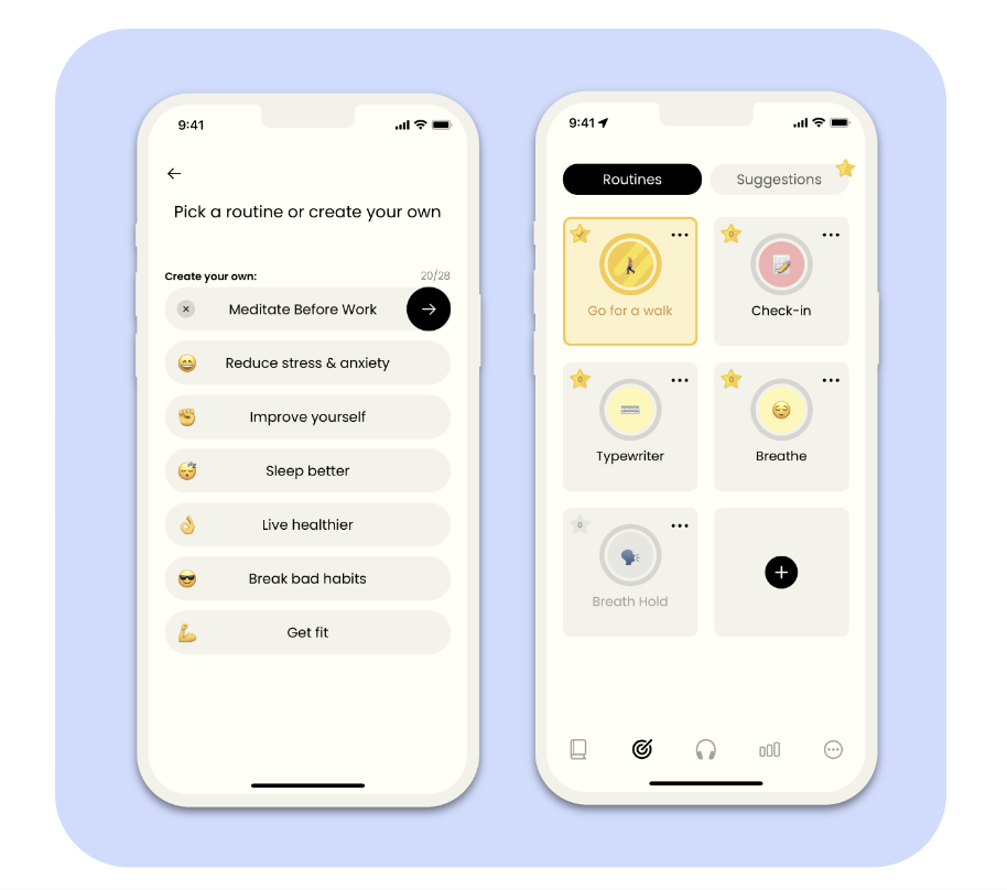 Building healthy routines is key to selfcare. The Earkick selfcare companion app is shown with two screenshots that illustrate healthy routine setting, highly customizable notifications and the gamified approach to checking off activities.