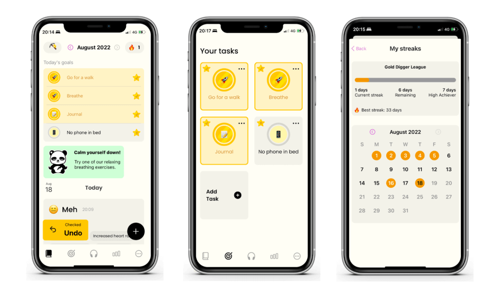Screenshot of the various goal-setting features in the Earkick app