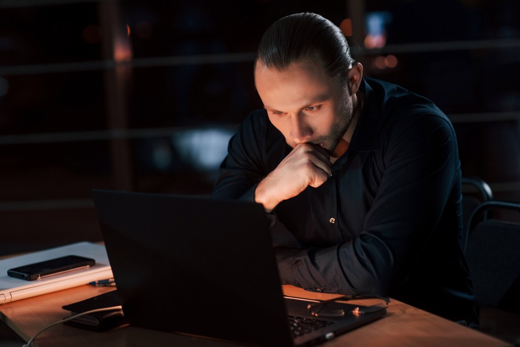 Feeling anxiety: Sales Representative Tim stays up late because emotions of nervousness and anxiety about challenging situations at work keep him up.