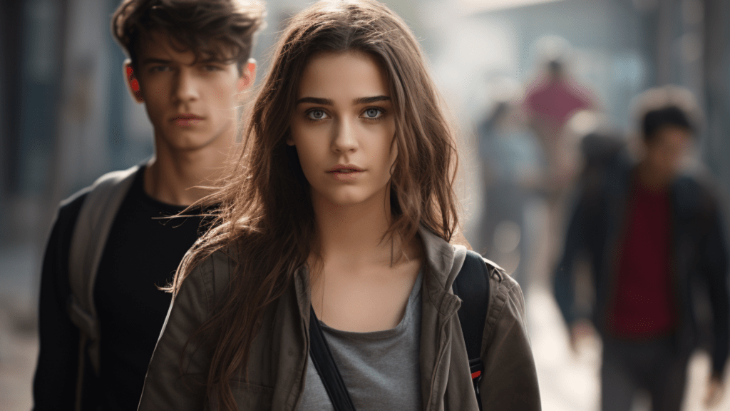 Let go: Young woman turning her back on her ex, walking away from him with a determined, confident look on her face.