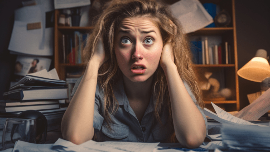 Female student frustrated with her constant procrastination, sitting at her desk full of to-dos.