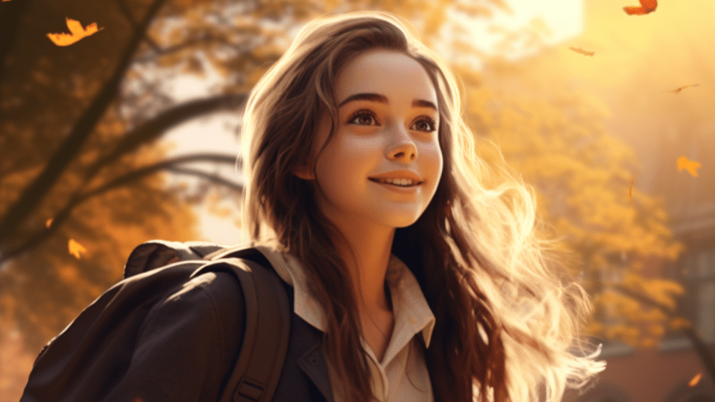 Female student looking well-rested and mentally ready for the day, walking down the street, fully recovered from a healthy night's sleep. She radiates with energy.