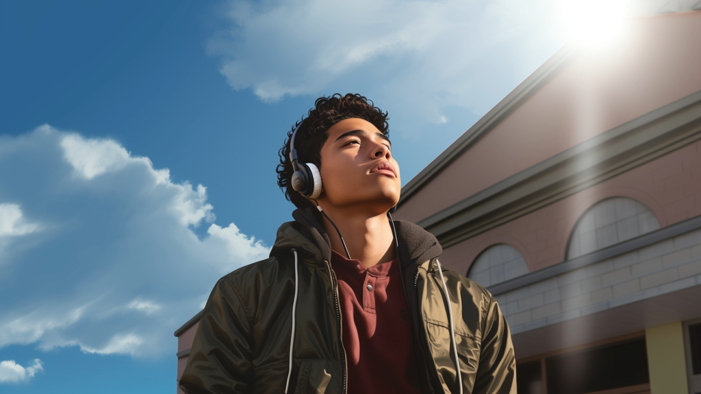 Male Latinx youth doing a 1-minute breathing exercise outside using his headphones and the Earkick selfcare companion app