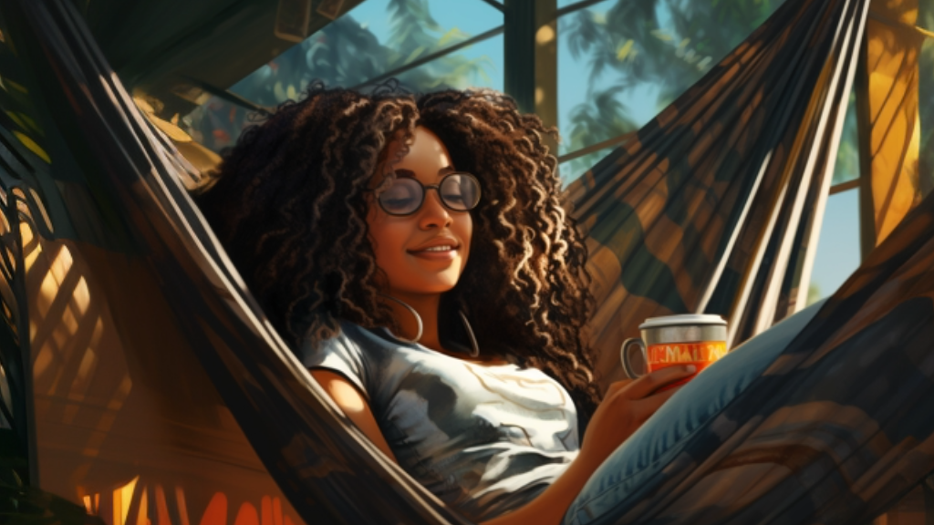 Young African-American female student with glasses relaxing in a hammock and enjoying her favorite tea.
