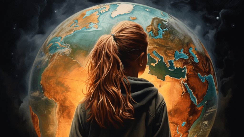 Portrait of the back of a teenage girl with a ponytail looking at a huge globe trying to grasp that half the world faces mental health disorders.