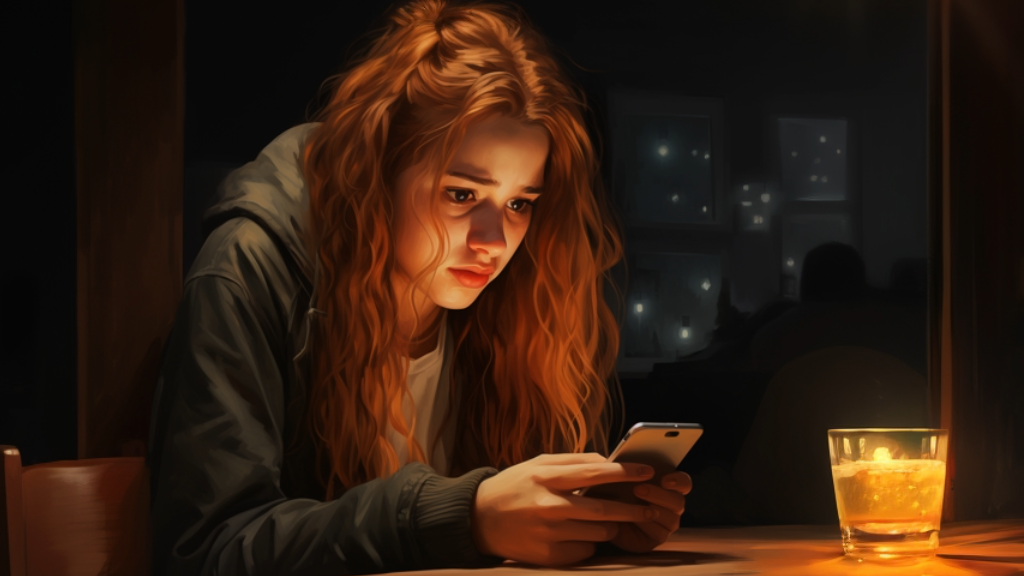 FOMO, FOLO and FOBO: red-haired teenager in a green jacket stars at her phone anxiously and desperate. She is sitting at a table at home. It's late in the night and she can't stop scrolling.