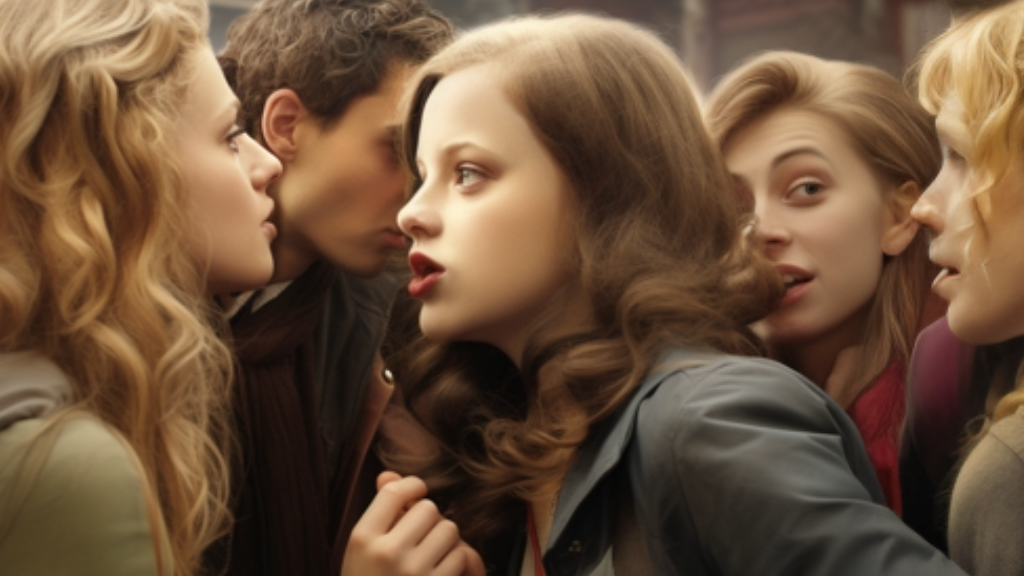 Four female students and one male student sharing gossip: Social situations such as rumor mills can stir up fear and anxiety