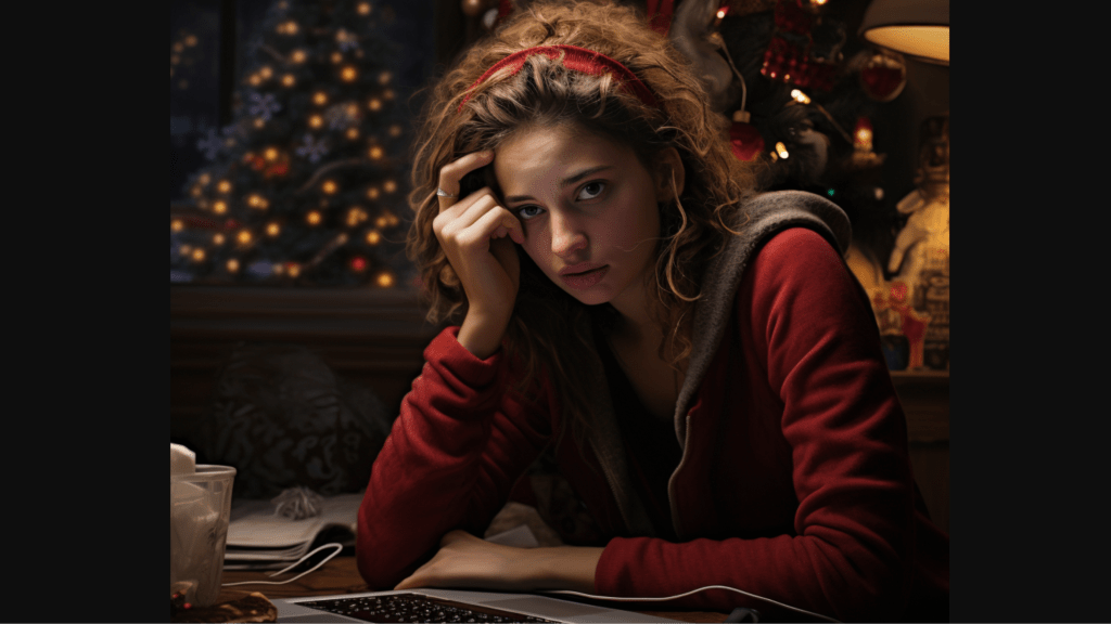 Young woman with red shirt, sitting at her desk in front of her laptop. She is feeling her yearly holiday anxiety rise