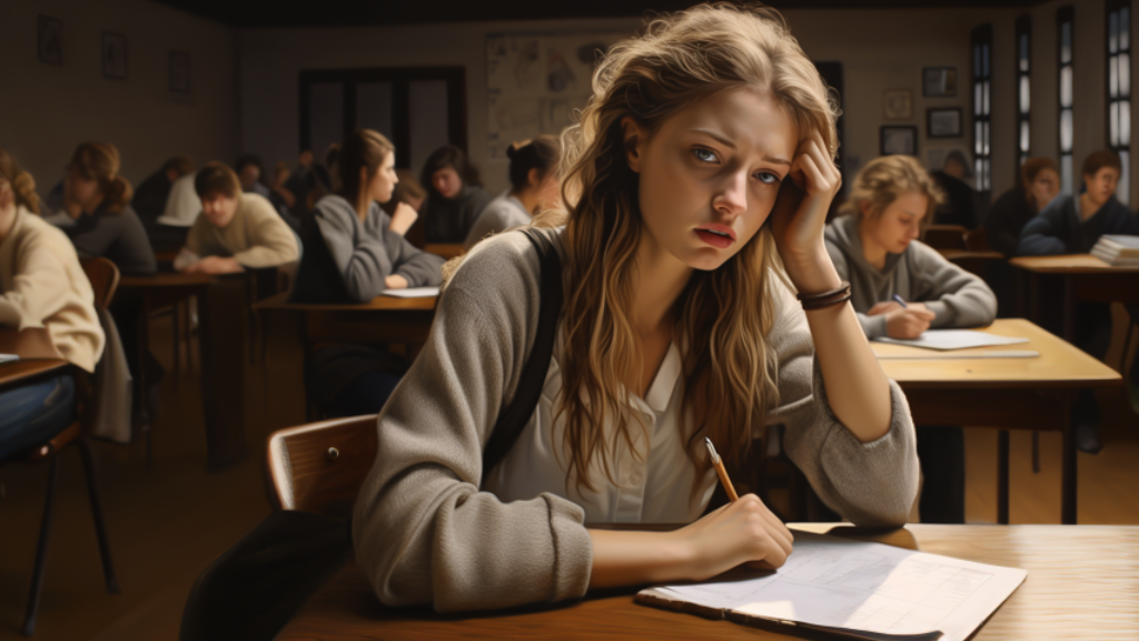Student struggling with exam anxiety, having trouble to focus and remember what she memorized