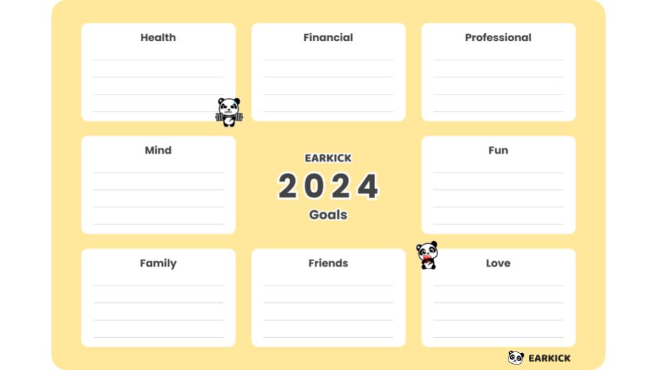 Screenshot of the Goals 2024 Planner by Earkick. There are eight sections on a yellow background with two cute Earkick Pandas.
 