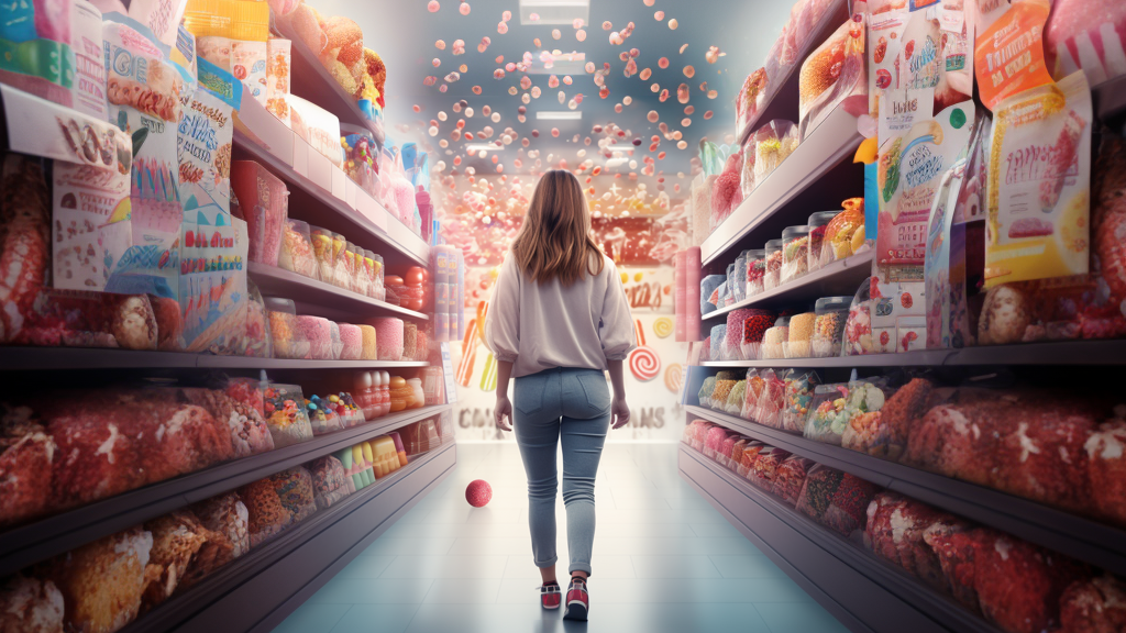 Portrait of a young woman's back. She's asking herself how to stop sugar cravings when all she sees while walking through stores is sweets or contains sugar.