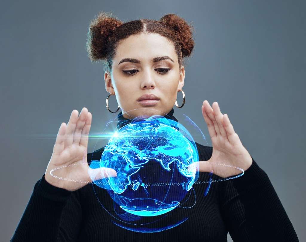 AI in mental health support: Globe hologram and woman touching it, technology innovation.