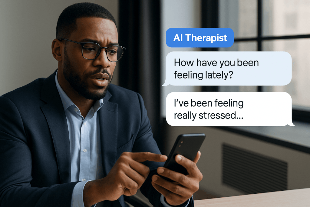 Can therapists diagnose? Stressed business man interacting with an AI therapist on his smartphone