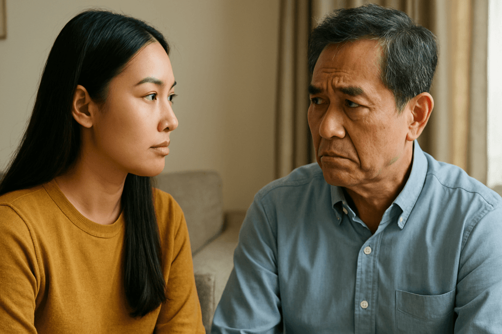 How to tell your parents you're pregnant when they won't be happy: Woman informing her dad in a calm way