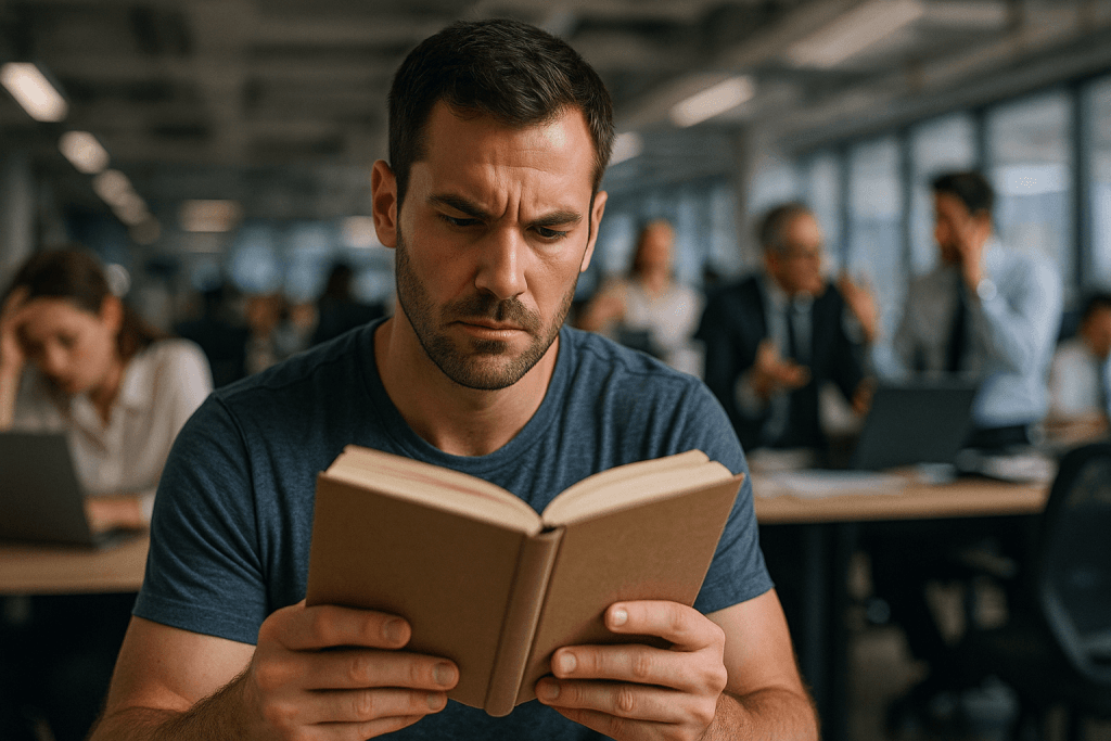 Man in a busy office reading a book on men's mental health to build up resilience