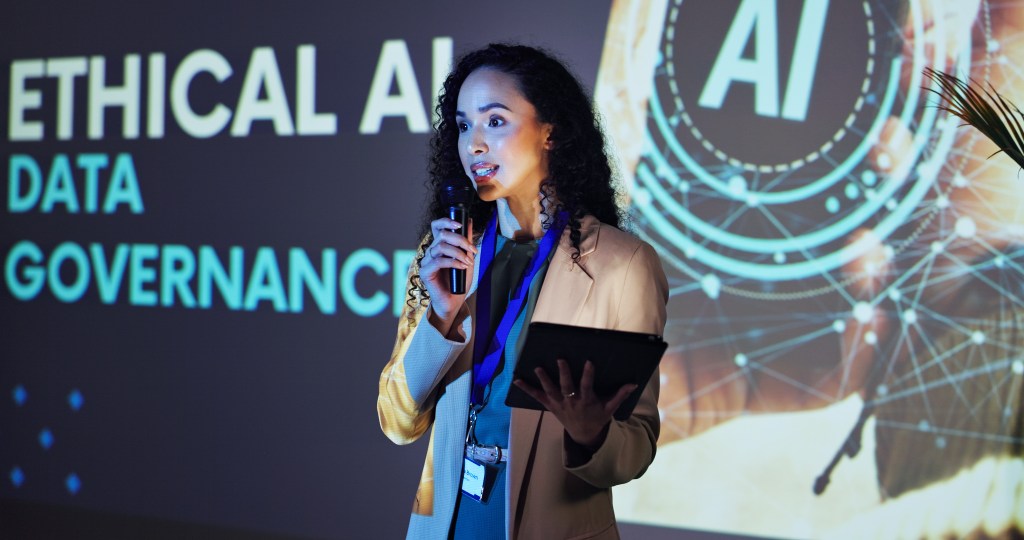 Best AI Therapy Apps and AI Tools for Justice: Business, speaker and woman at seminar with mic, tablet and ideas in ethical data governance